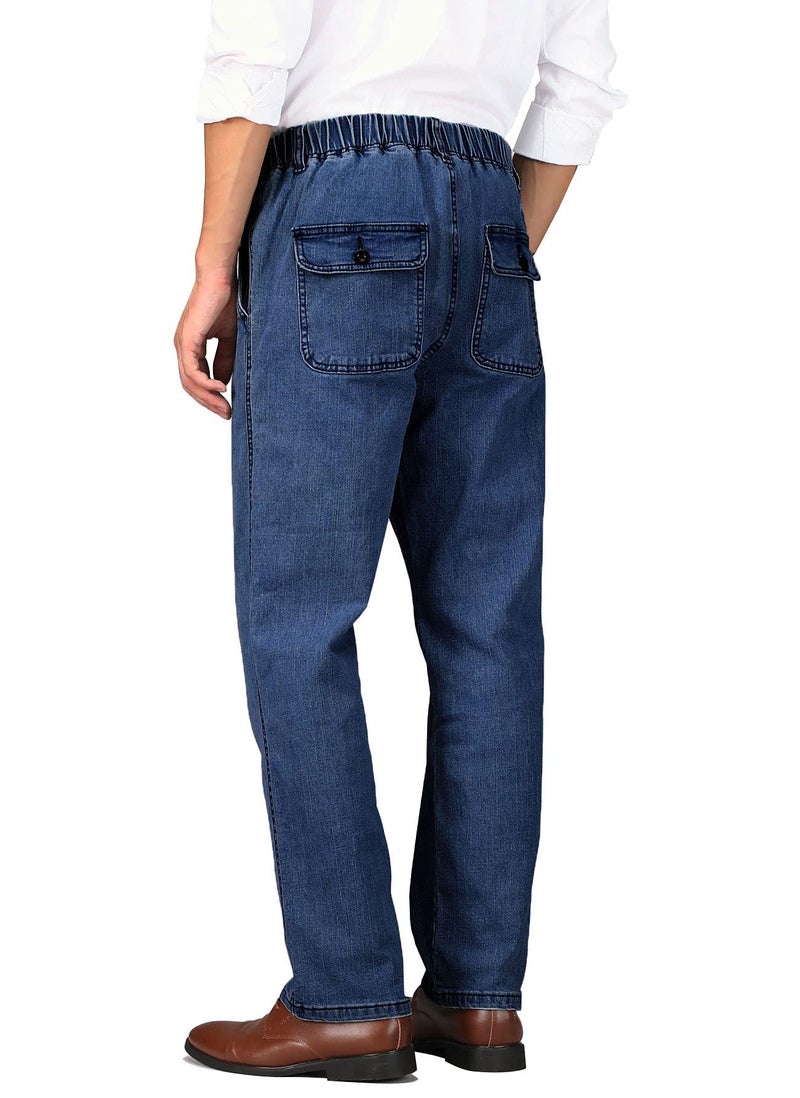 Soojun Mens Casual Loose Fit Elastic Waist Denim Pants, Indigo, 34W x 30L - Image 4
